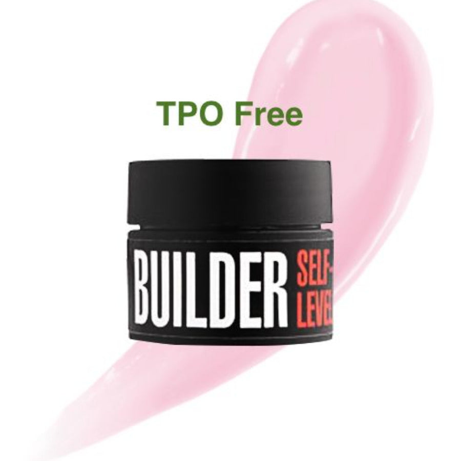 Jar of 'Builder Self-Levelling Gel' with pink background